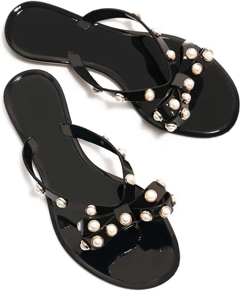 TYFLOVE Women Rivet Flip Flops Studded Jelly Thong Sandals with Bow Summer Bowtie Flat Beach Rain Shoes