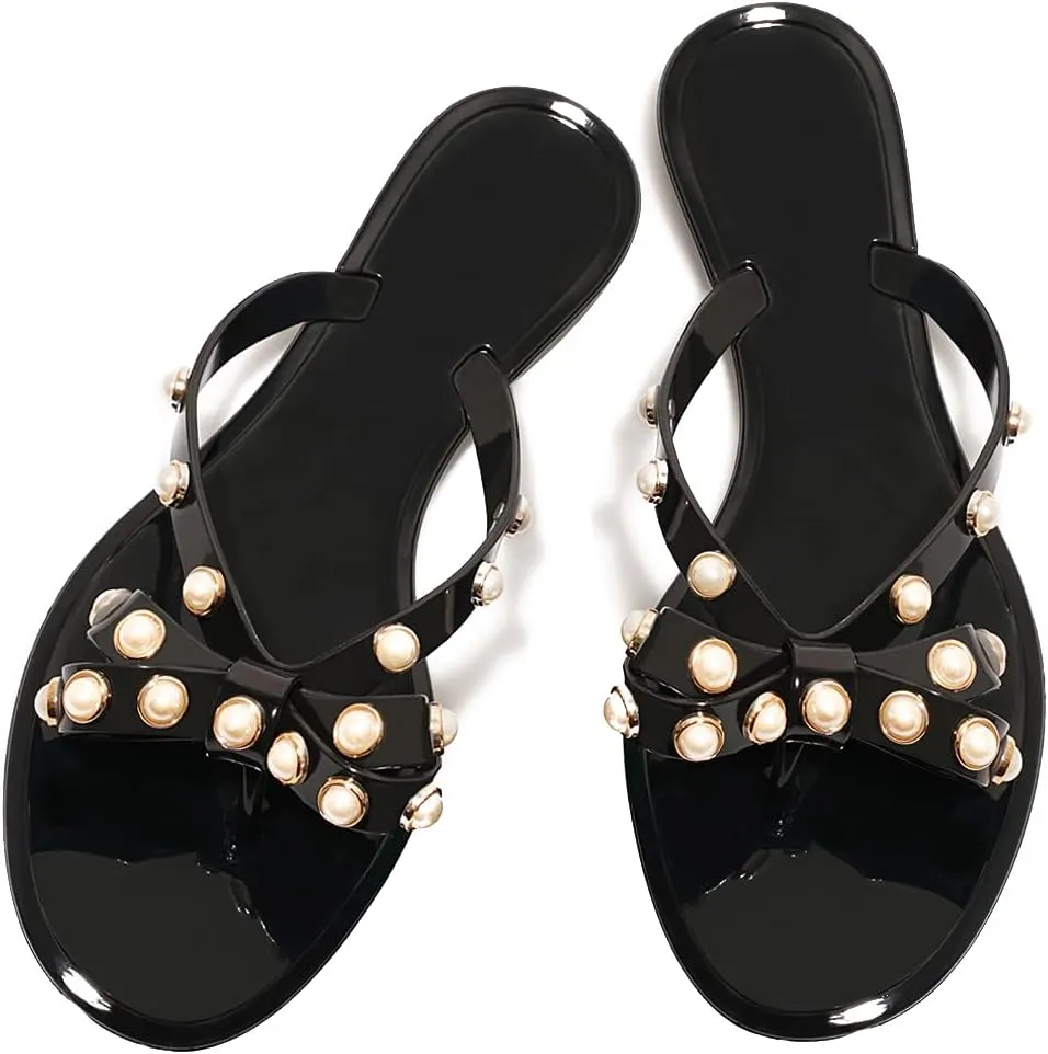 TYFLOVE Women Rivet Flip Flops Studded Jelly Thong Sandals with Bow Summer Bowtie Flat Beach Rain Shoes