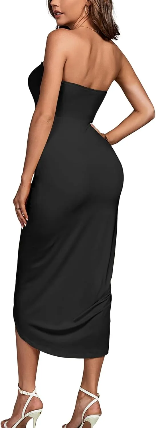 Umenlele Women's Strapless Ruched High Waist Wrap Split Asymmetrical Beach Maxi Long Dress
