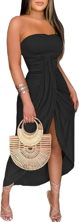 Umenlele Women's Strapless Ruched High Waist Wrap Split Asymmetrical Beach Maxi Long Dress