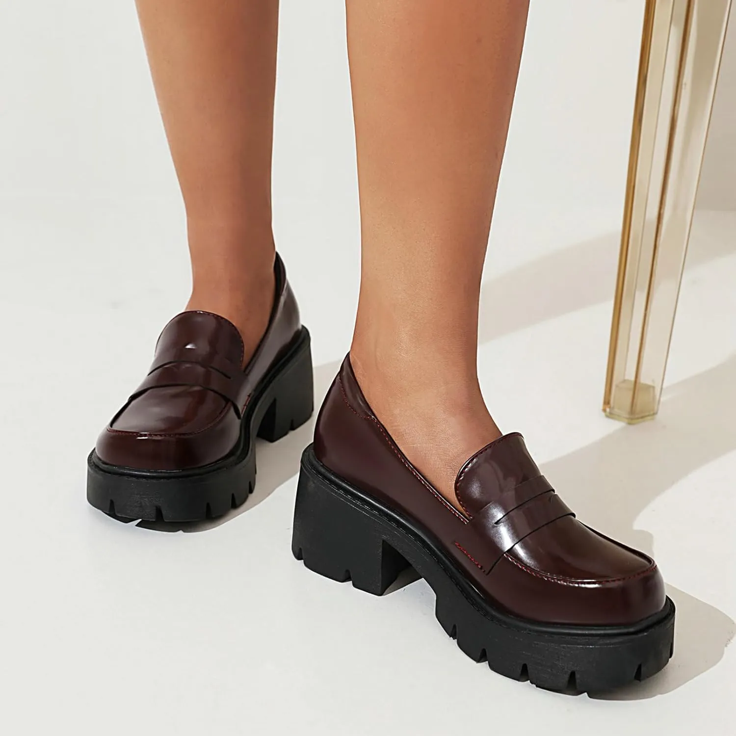 Uniquelly Platform Loafers for Women Chunky Loafers Round Toe Penny Loafers Lug Sole Mid Heel Slip On Comfort Fashion Business Work Shoes