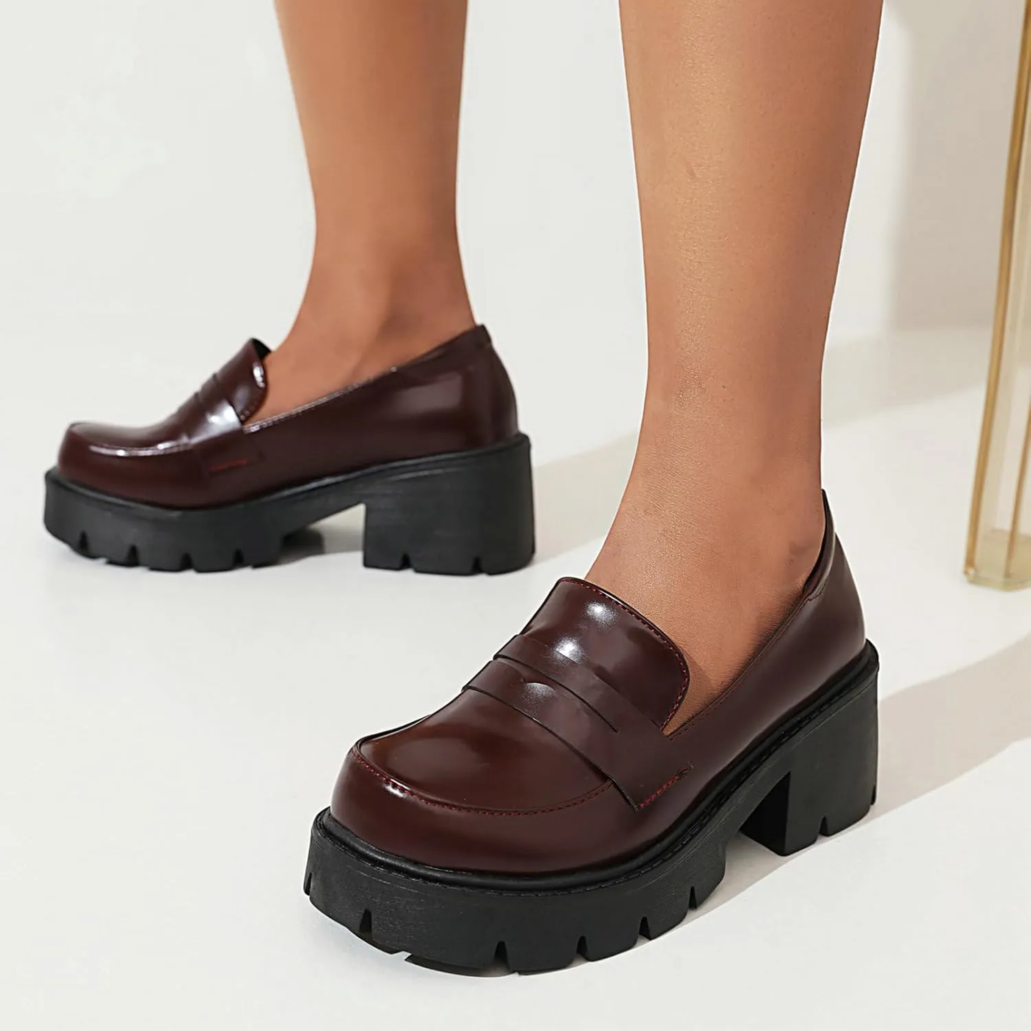 Uniquelly Platform Loafers for Women Chunky Loafers Round Toe Penny Loafers Lug Sole Mid Heel Slip On Comfort Fashion Business Work Shoes