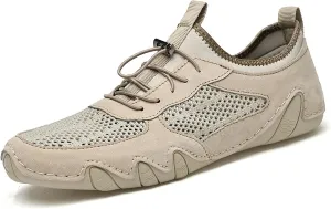URLECHS Men's Leather Breathable Mesh Loafers,Lightweight Comfortable Slip On Outdoor Casual Shoes Hand Stitched Fashion Sneakers Flat Driving Shoes
