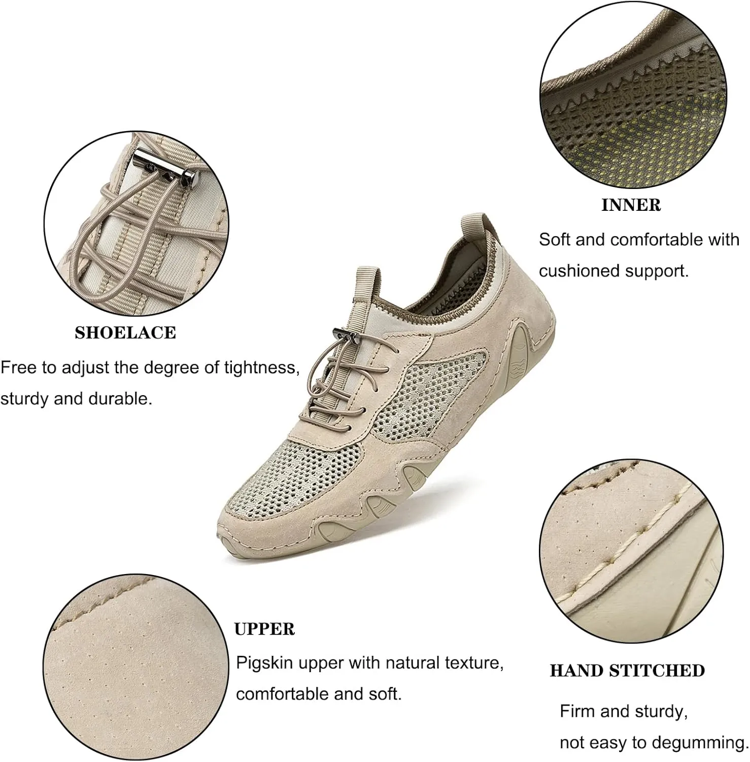 URLECHS Men's Leather Breathable Mesh Loafers,Lightweight Comfortable Slip On Outdoor Casual Shoes Hand Stitched Fashion Sneakers Flat Driving Shoes