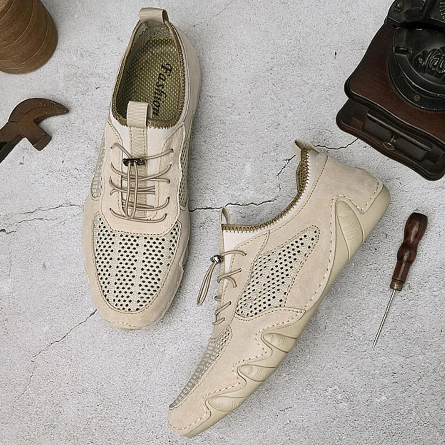 URLECHS Men's Leather Breathable Mesh Loafers,Lightweight Comfortable Slip On Outdoor Casual Shoes Hand Stitched Fashion Sneakers Flat Driving Shoes