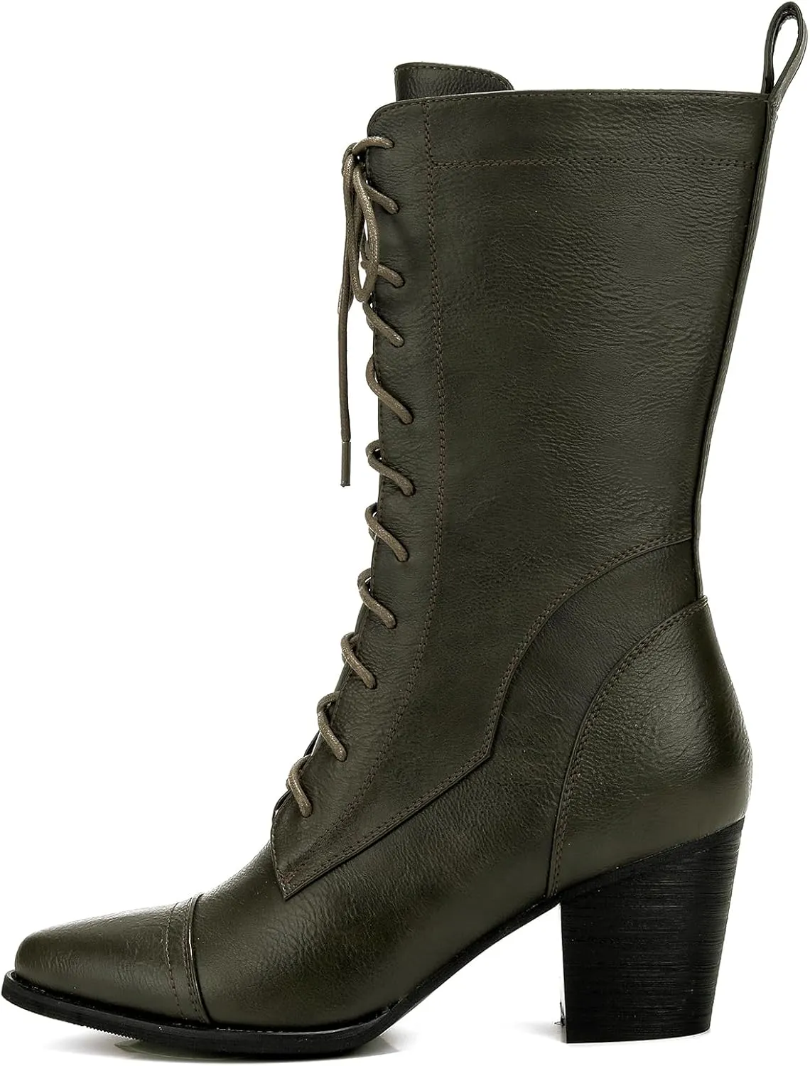 UTIKLIOU Women's Mid Calf Boots Lace up Combat Boots Leather Side Zipper Winter Boots Faux Fur Lining