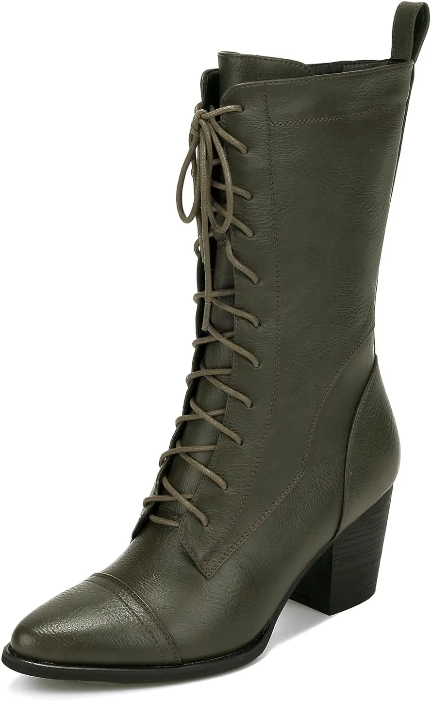 UTIKLIOU Women's Mid Calf Boots Lace up Combat Boots Leather Side Zipper Winter Boots Faux Fur Lining