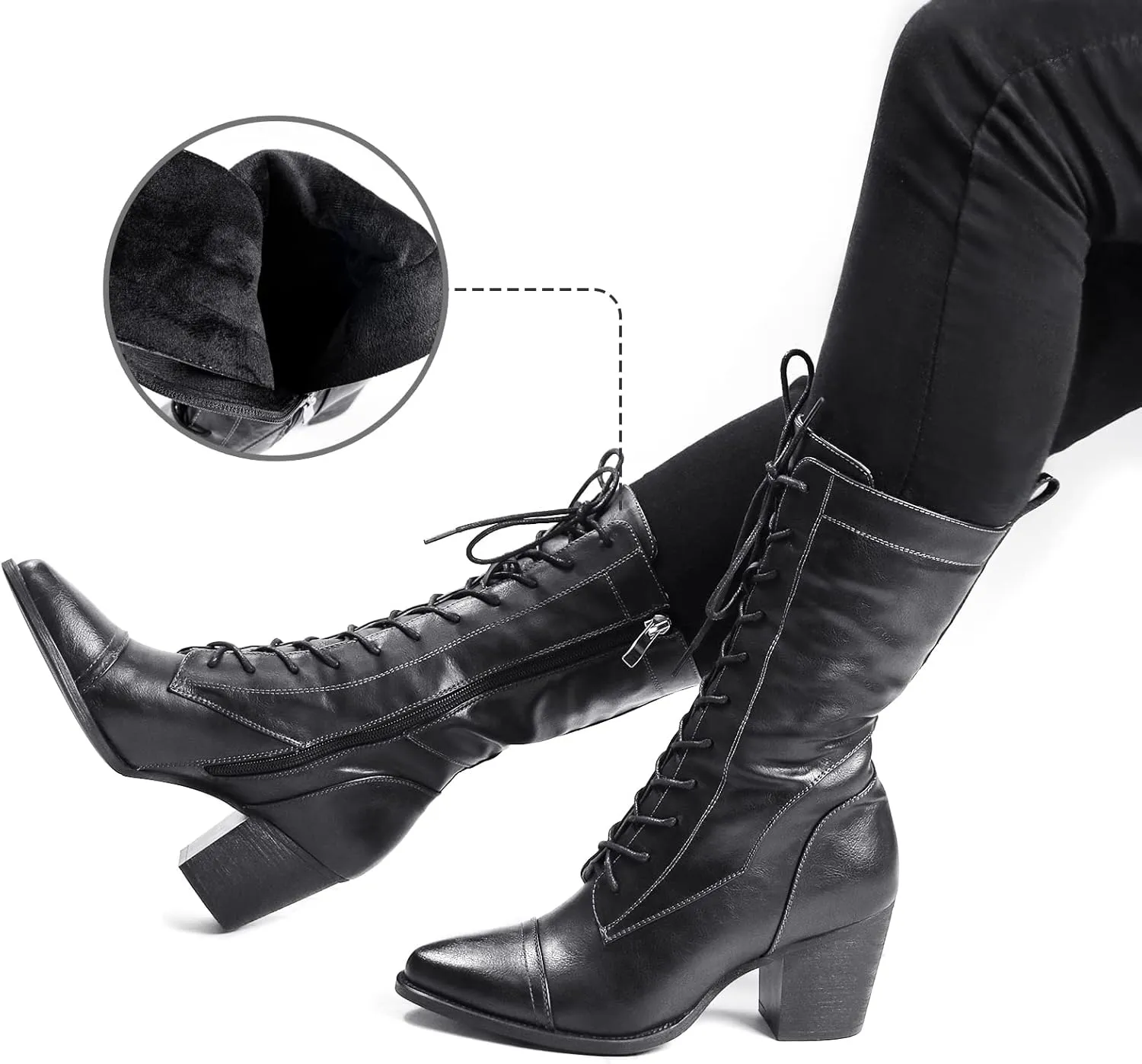 UTIKLIOU Women's Mid Calf Boots Lace up Combat Boots Leather Side Zipper Winter Boots Faux Fur Lining