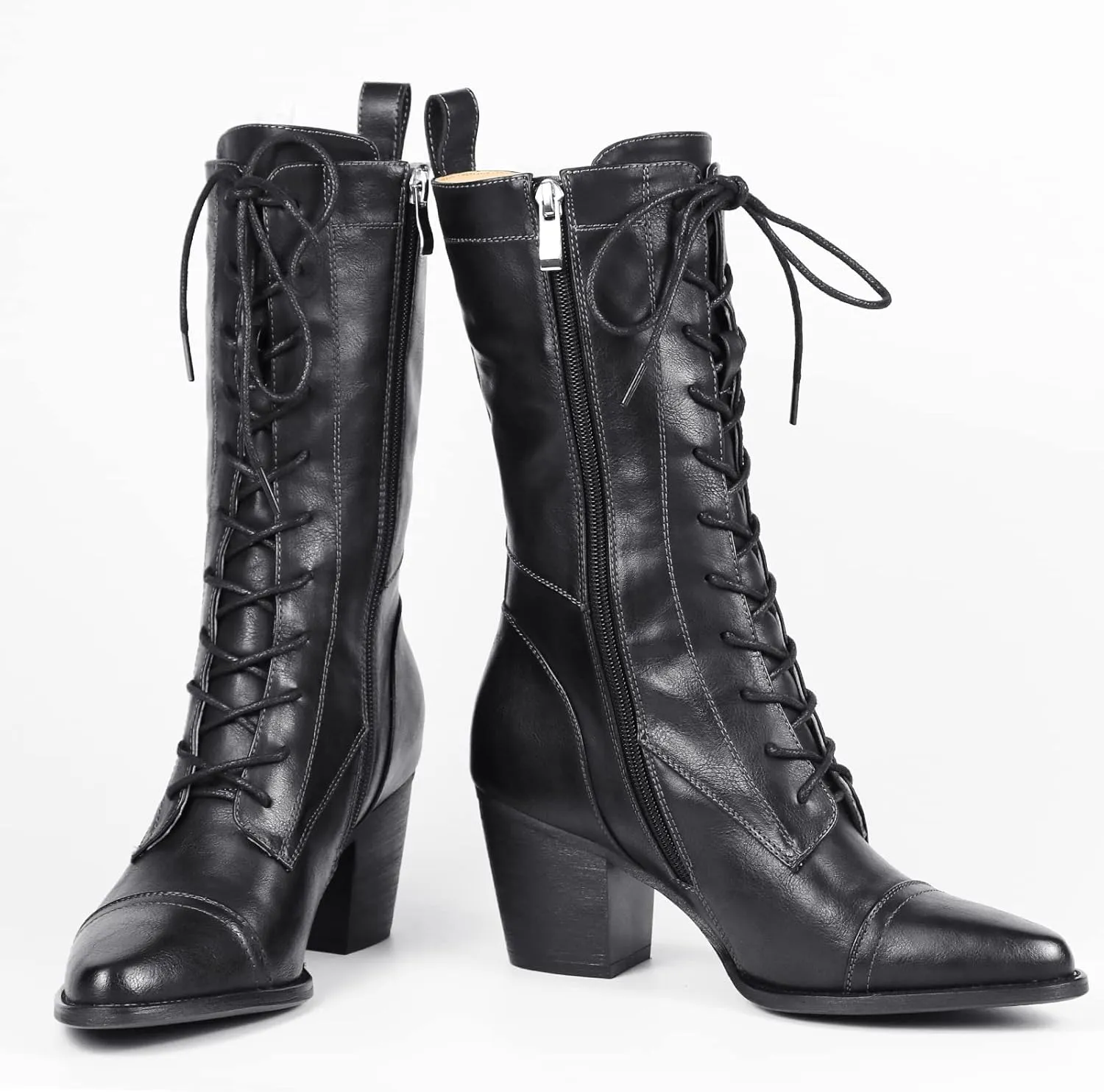 UTIKLIOU Women's Mid Calf Boots Lace up Combat Boots Leather Side Zipper Winter Boots Faux Fur Lining