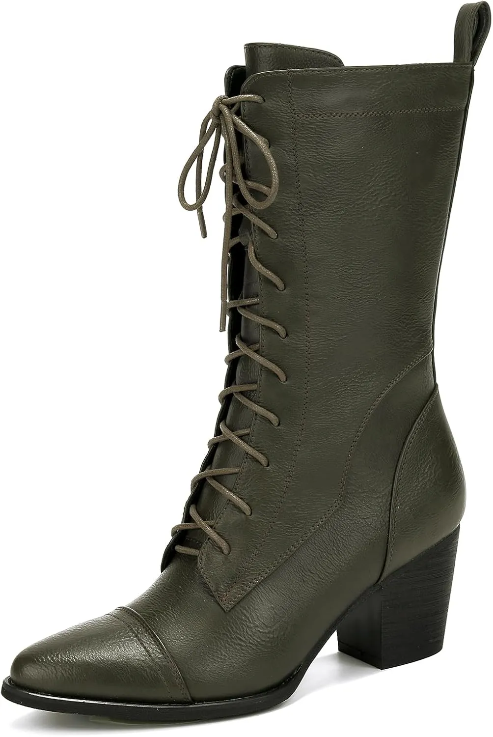 UTIKLIOU Women's Mid Calf Boots Lace up Combat Boots Leather Side Zipper Winter Boots Faux Fur Lining
