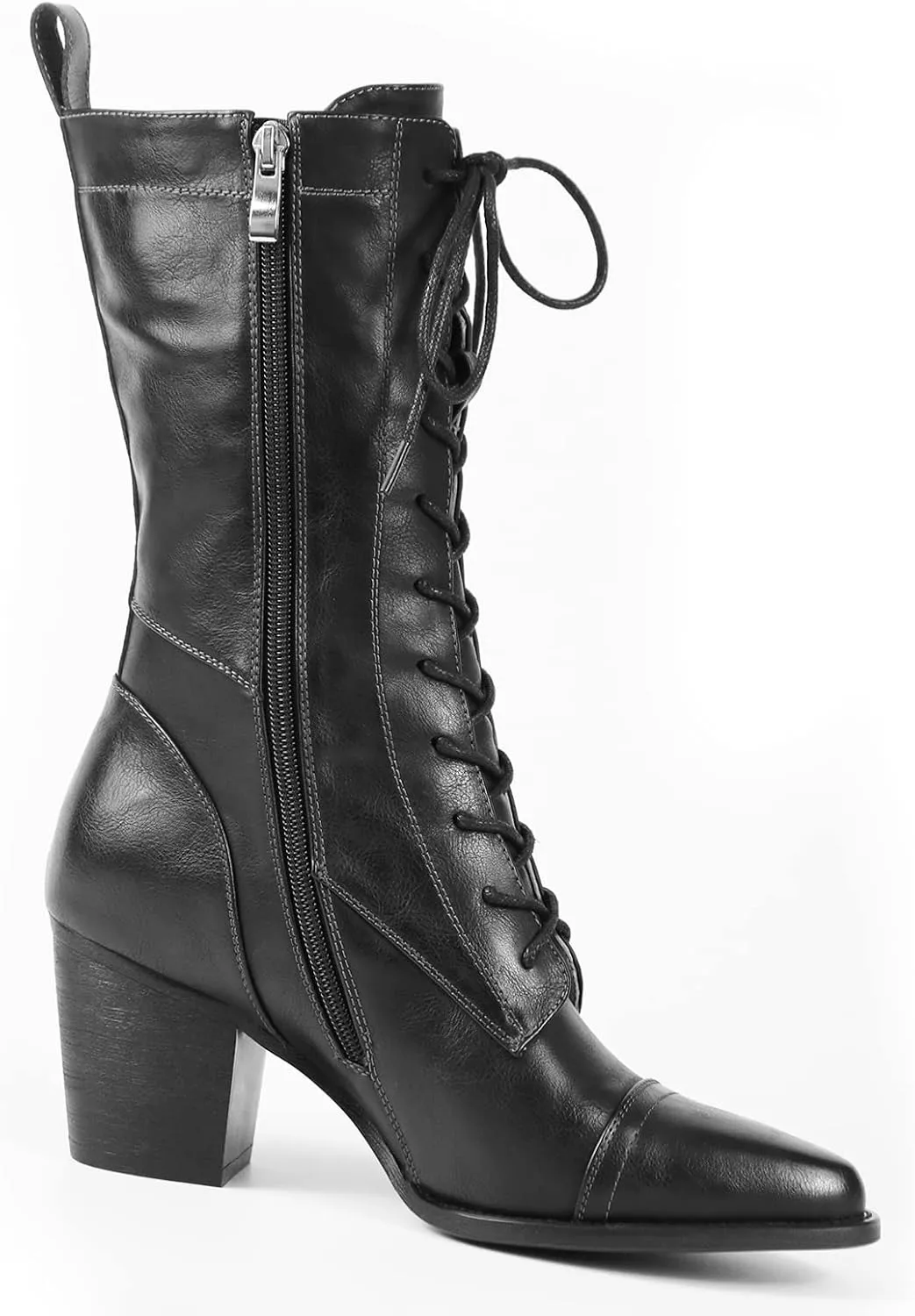 UTIKLIOU Women's Mid Calf Boots Lace up Combat Boots Leather Side Zipper Winter Boots Faux Fur Lining