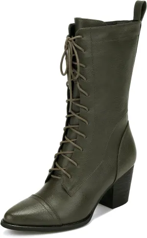 UTIKLIOU Women's Mid Calf Boots Lace up Combat Boots Leather Side Zipper Winter Boots Faux Fur Lining