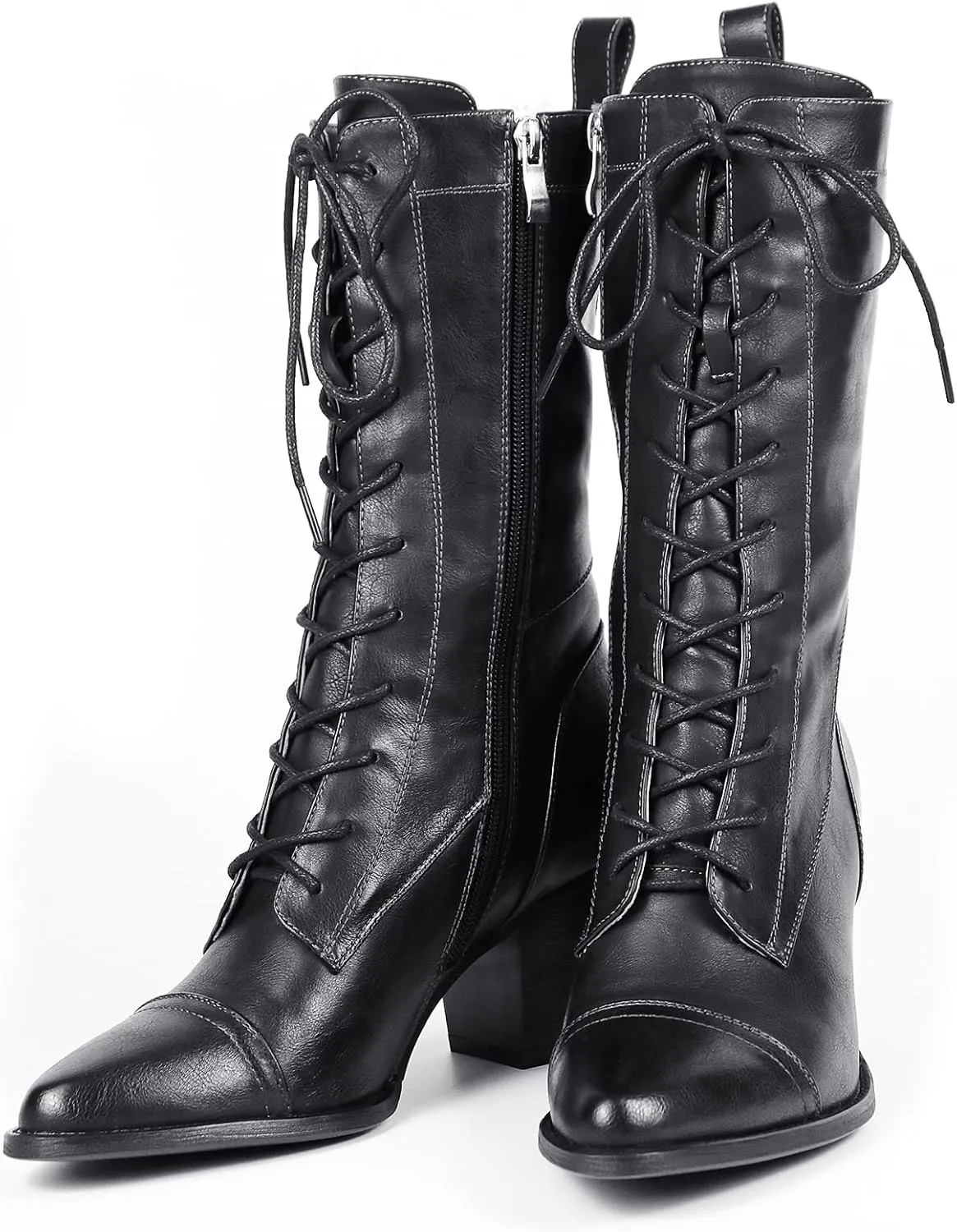 UTIKLIOU Women's Mid Calf Boots Lace up Combat Boots Leather Side Zipper Winter Boots Faux Fur Lining