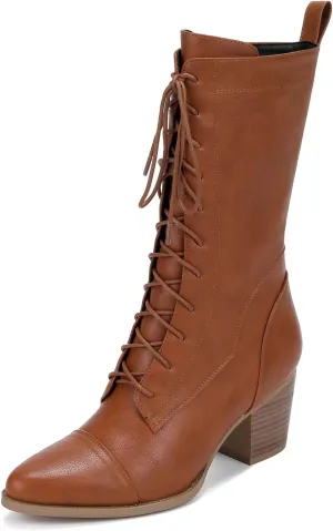 UTIKLIOU Women's Mid Calf Boots Lace up Combat Boots Leather Side Zipper Winter Boots Faux Fur Lining