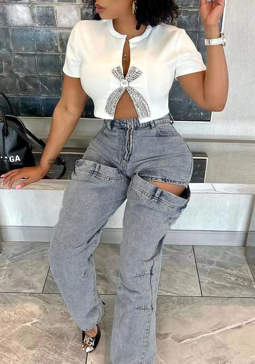 Vakkest Women's Baggy Denim Jeans Patchwwork Pants High Cutout Straight Wide Leg Stretchy Ripped Pants Y2K Streetwear