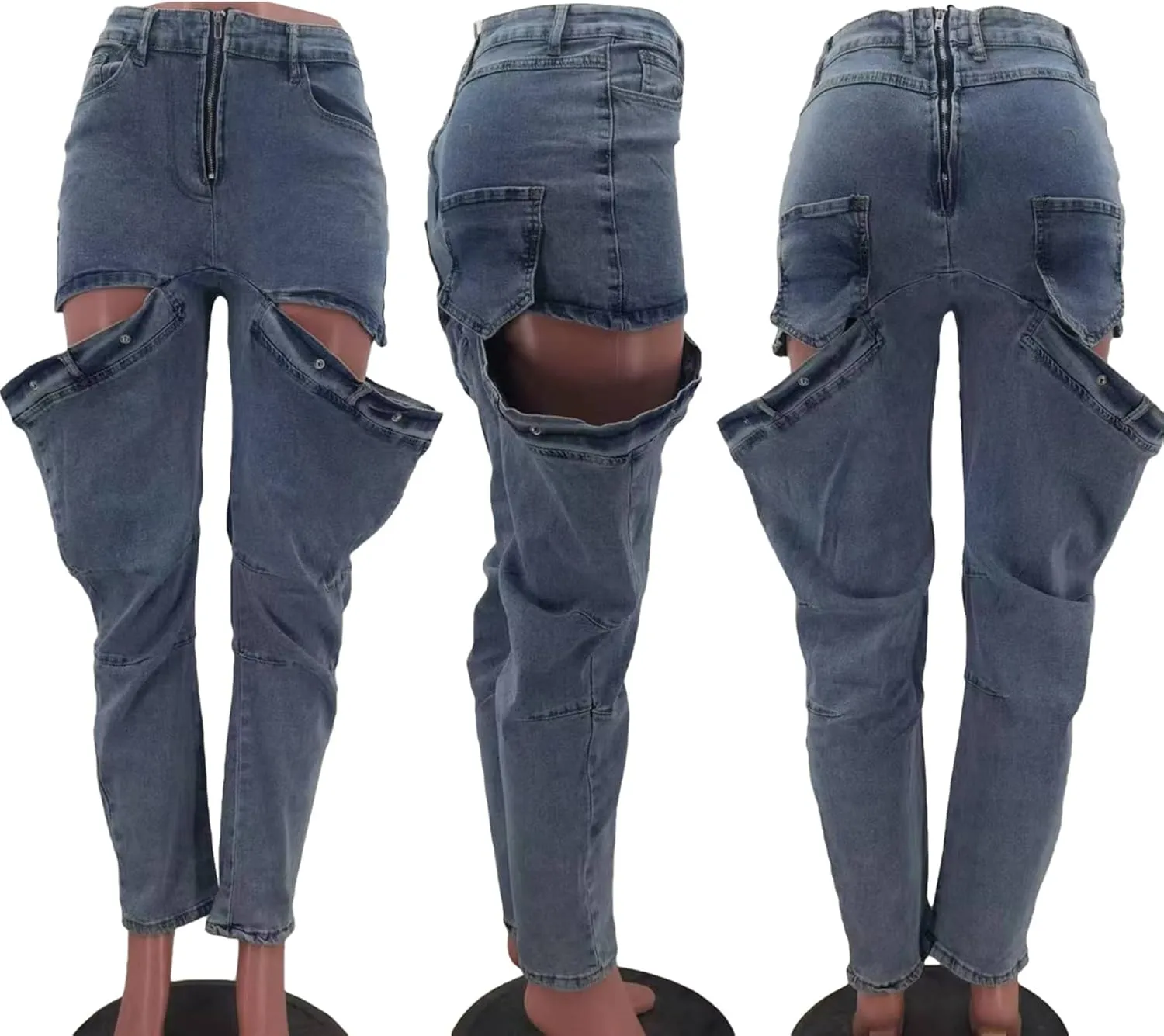 Vakkest Women's Baggy Denim Jeans Patchwwork Pants High Cutout Straight Wide Leg Stretchy Ripped Pants Y2K Streetwear