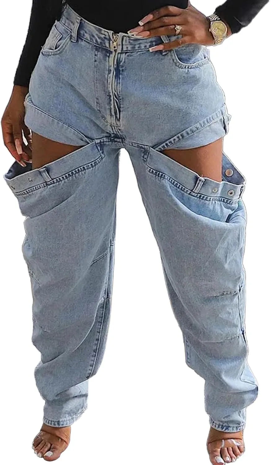 Vakkest Women's Baggy Denim Jeans Patchwwork Pants High Cutout Straight Wide Leg Stretchy Ripped Pants Y2K Streetwear