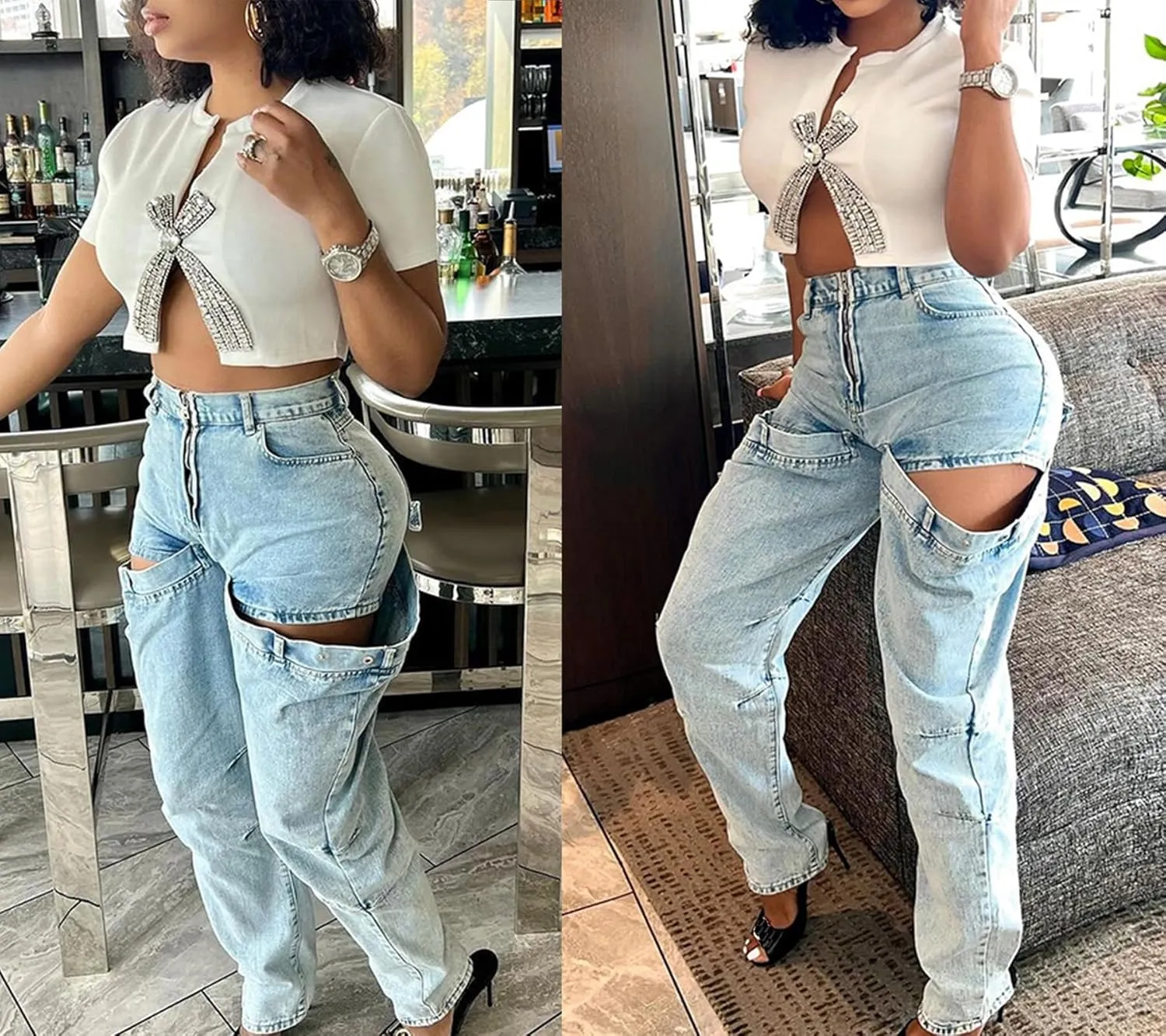 Vakkest Women's Baggy Denim Jeans Patchwwork Pants High Cutout Straight Wide Leg Stretchy Ripped Pants Y2K Streetwear