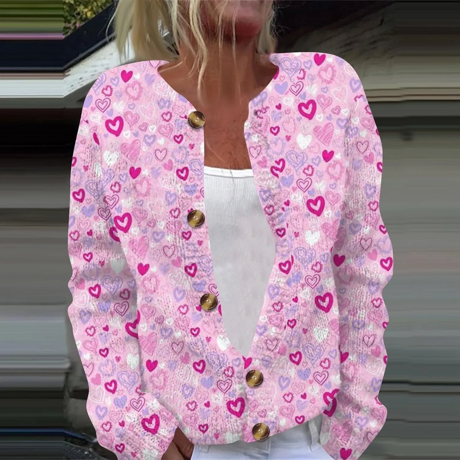 Valentines Cardigan for Women 2025 Lightweight Plus Size Cute Heart Print Long Sleeve Button Open Front Knit Sweater