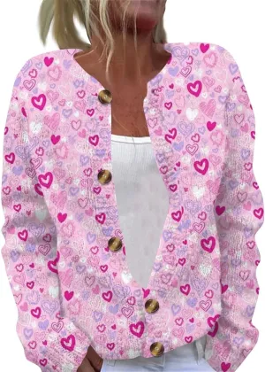 Valentines Cardigan for Women 2025 Lightweight Plus Size Cute Heart Print Long Sleeve Button Open Front Knit Sweater