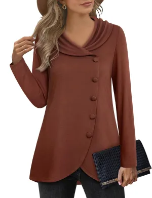 VALOLIA Womens Long Sleeve Tops Fall Winter Buttons Side Tulip Hem Lapel Pullover Sweatshirt