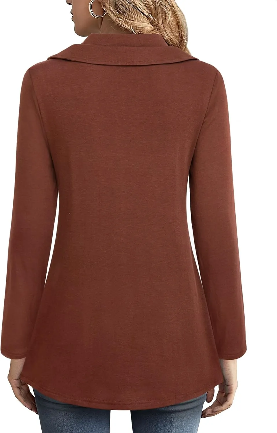 VALOLIA Womens Long Sleeve Tops Fall Winter Buttons Side Tulip Hem Lapel Pullover Sweatshirt