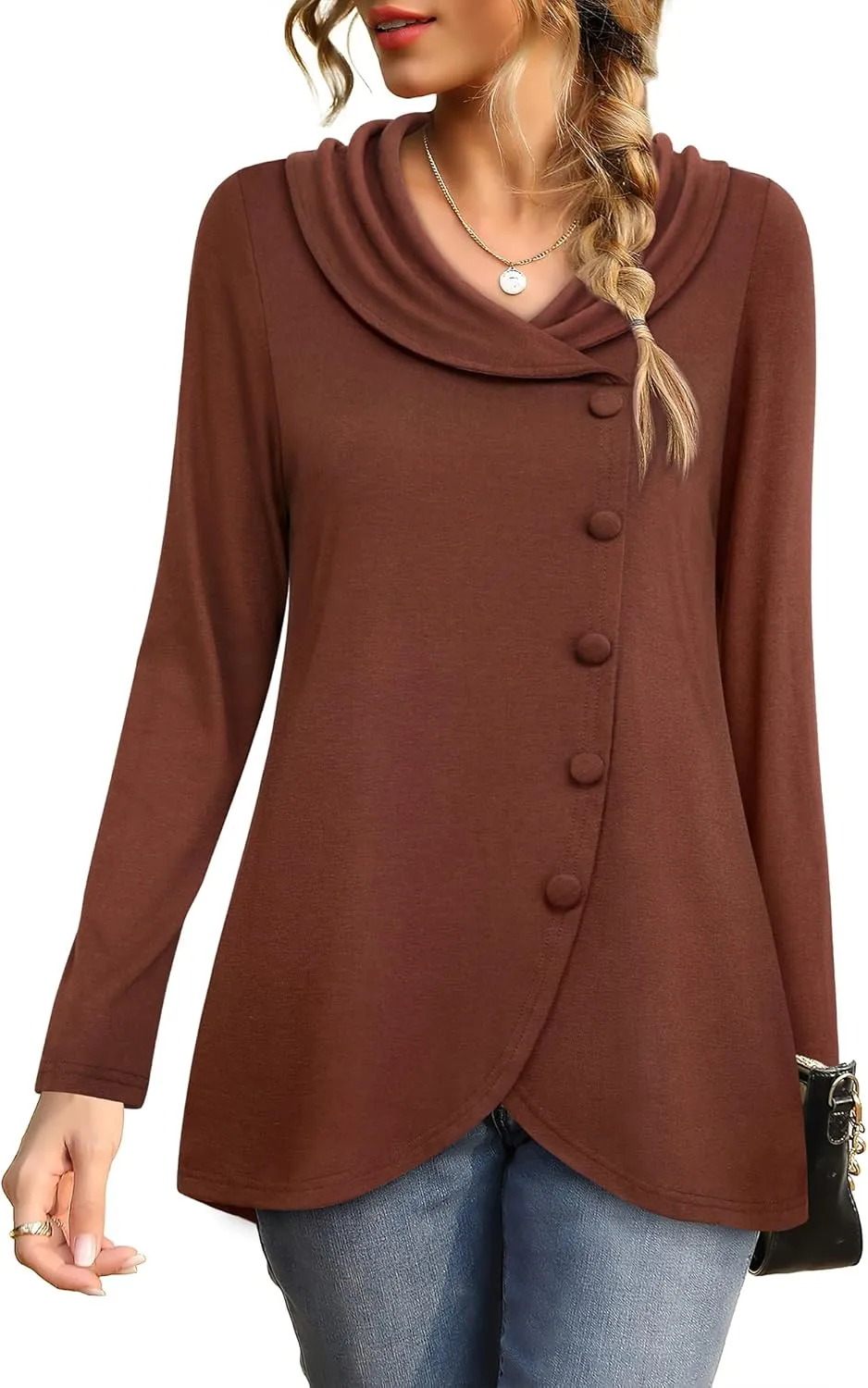 VALOLIA Womens Long Sleeve Tops Fall Winter Buttons Side Tulip Hem Lapel Pullover Sweatshirt