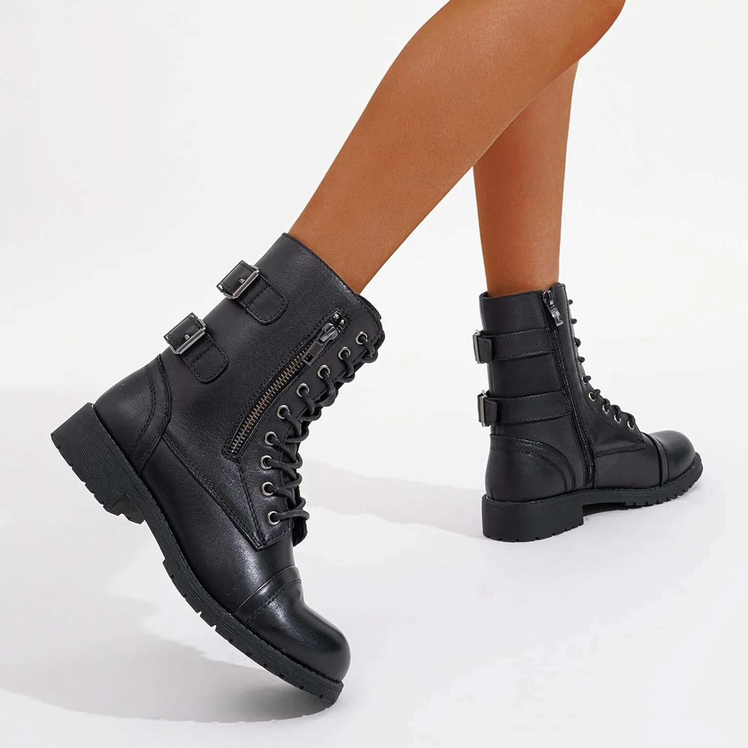 Vepose Women's 928 Combat Boots Low Heel, Mid Calf Military Boots with Card Knife Wallet Pocket