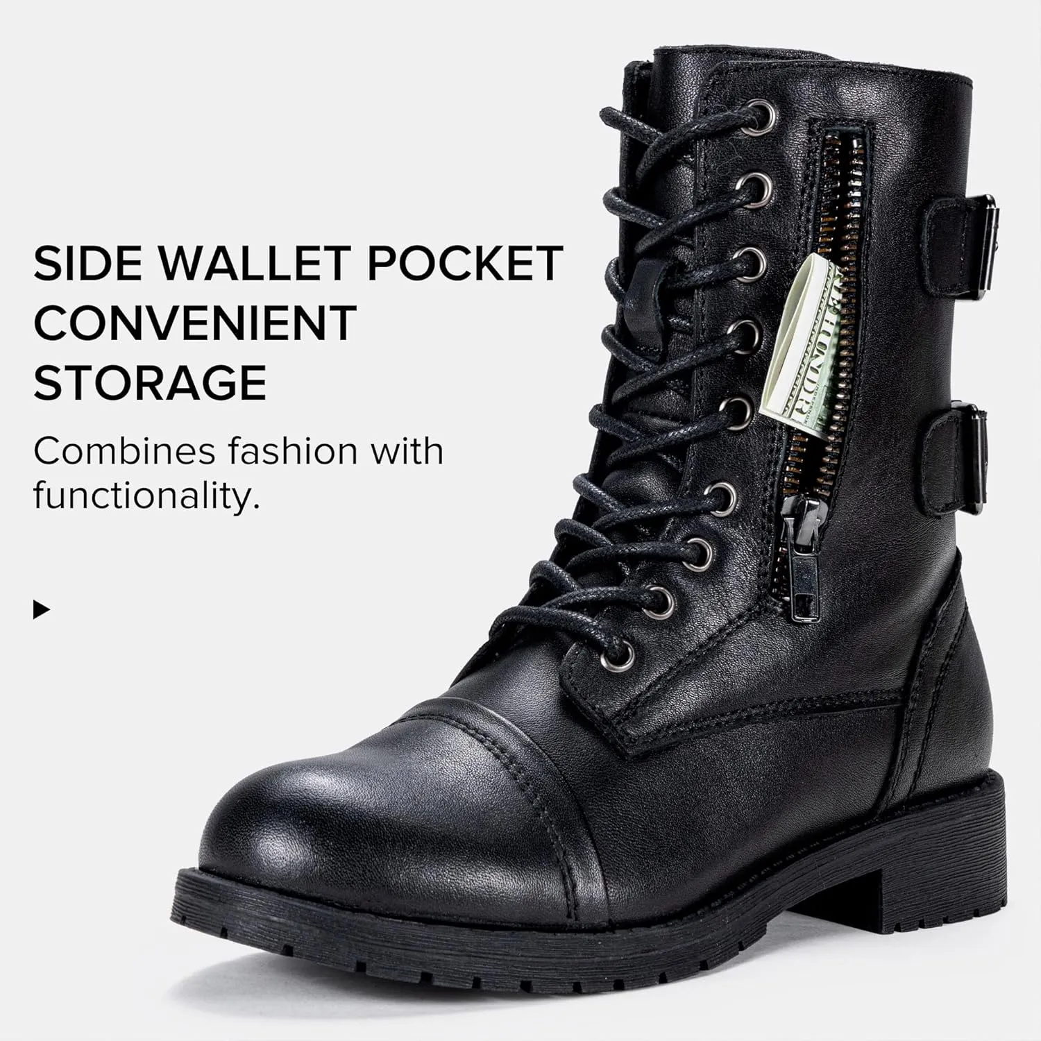 Vepose Women's 928 Combat Boots Low Heel, Mid Calf Military Boots with Card Knife Wallet Pocket