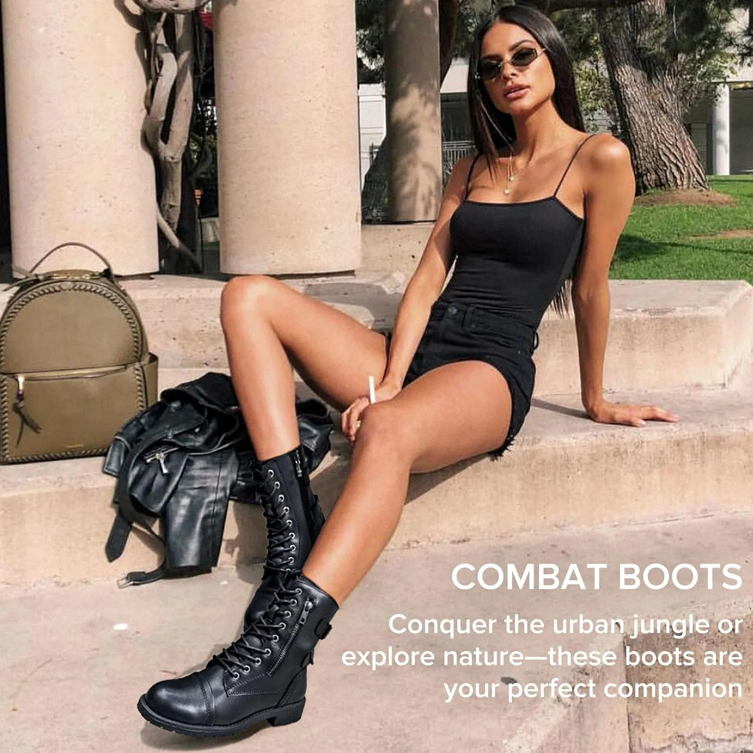Vepose Women's 928 Combat Boots Low Heel, Mid Calf Military Boots with Card Knife Wallet Pocket