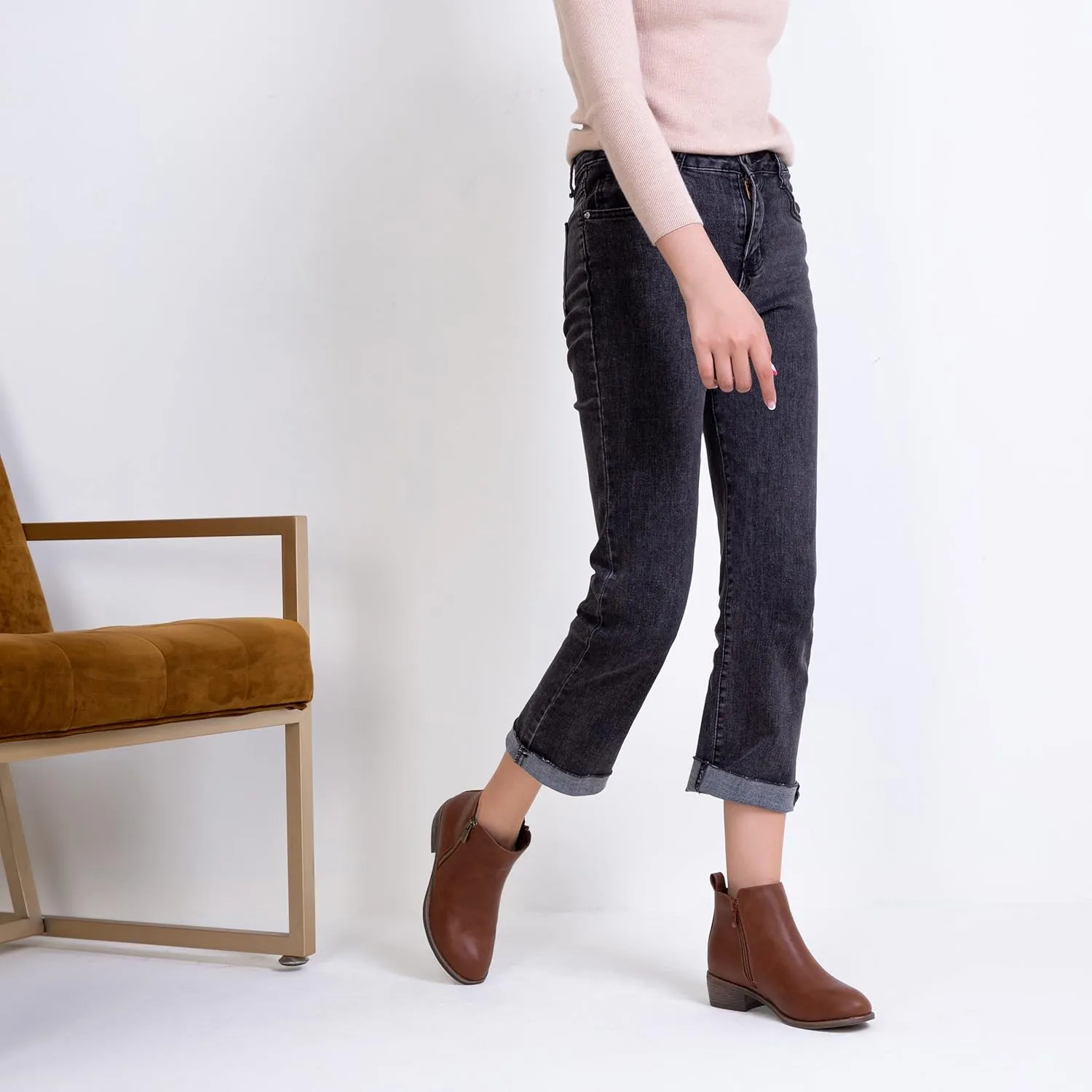 Vepose Women's Ankle Boots Low Heel Casual Boot Round Toe Zipper Booties for Women