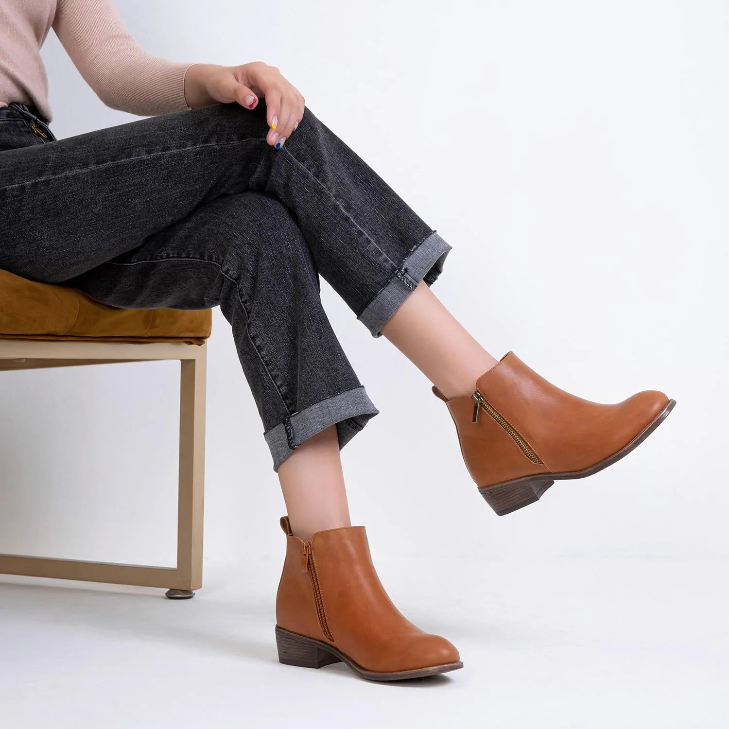 Vepose Women's Ankle Boots Low Heel Casual Boot Round Toe Zipper Booties for Women