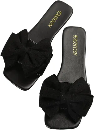 Verdusa Women's Bow Square Toe Flat Sandals Summer Slides Slip On Sandals