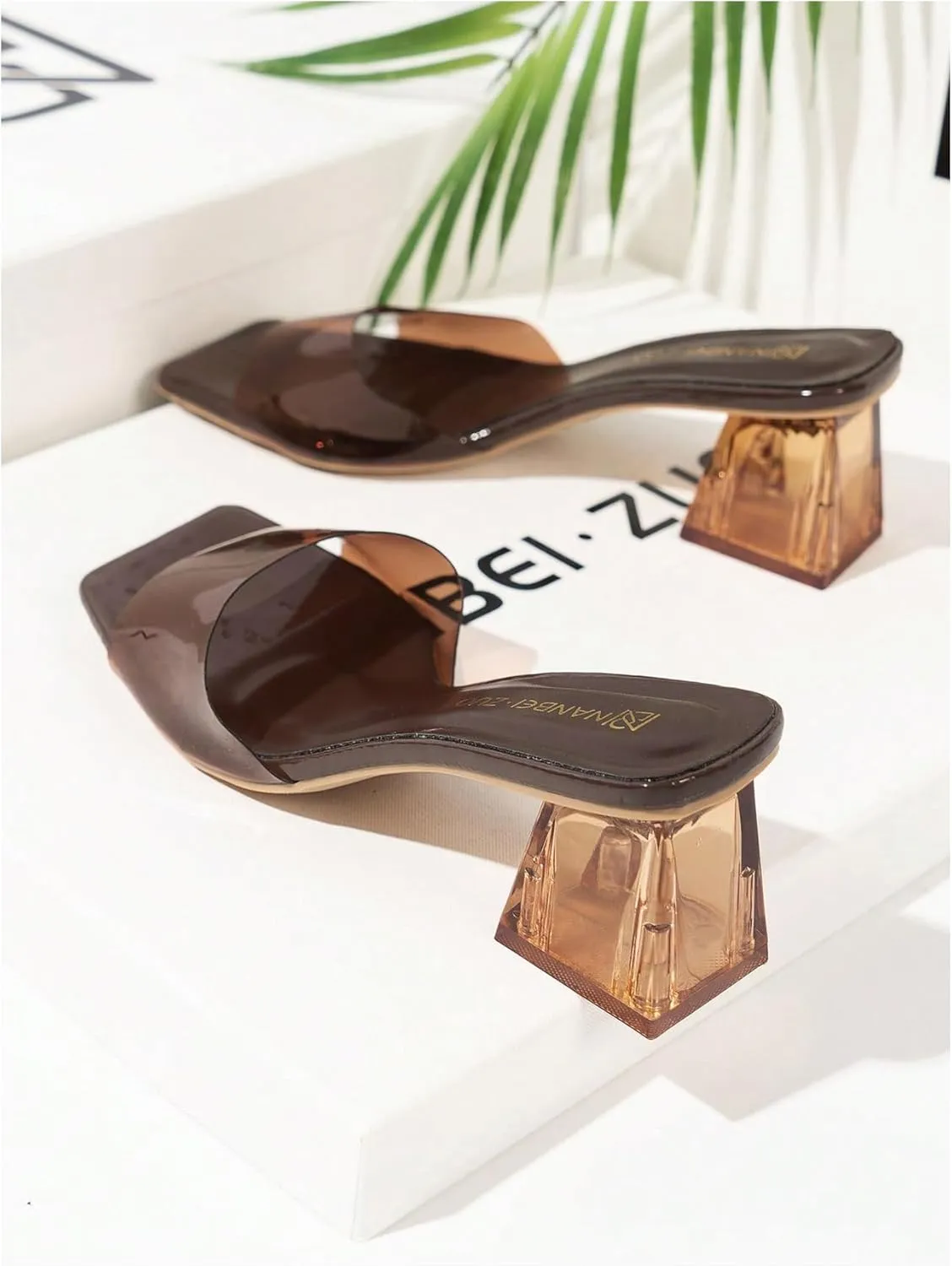 Verdusa Women's Clear Heeled Sandals Square Toe Slip On Chunky Sandal