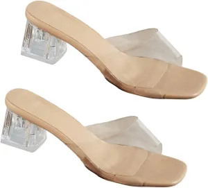 Verdusa Women's Clear Heeled Sandals Square Toe Slip On Chunky Sandal