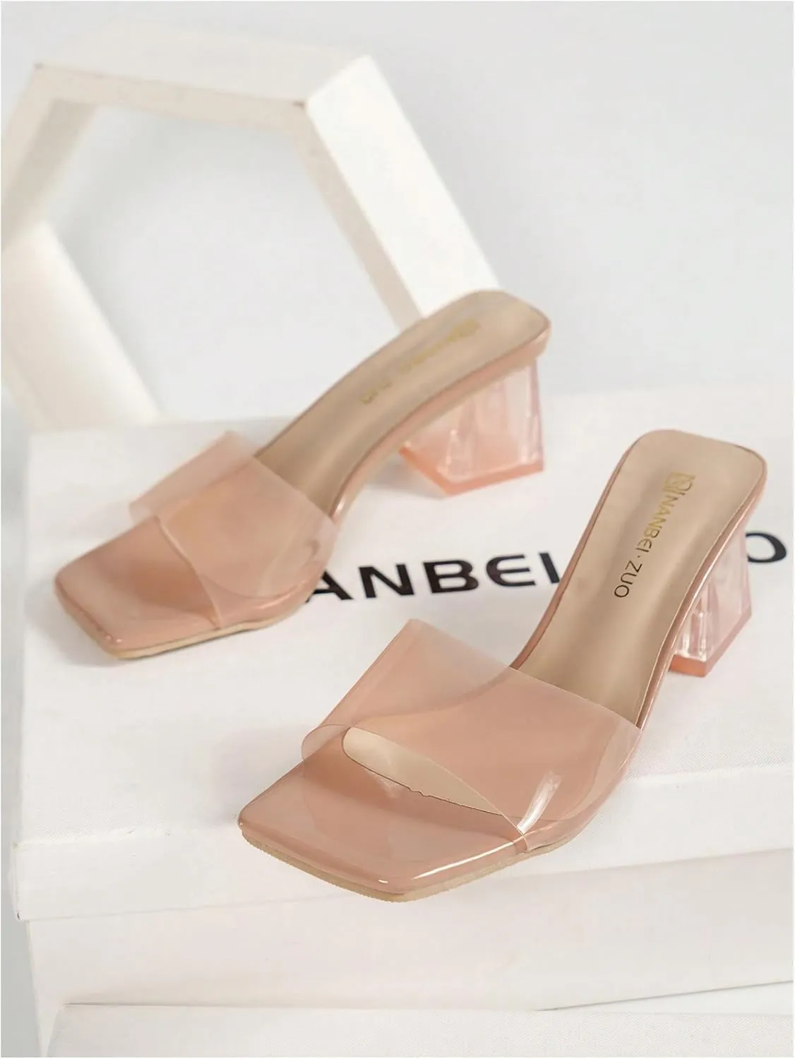 Verdusa Women's Clear Heeled Sandals Square Toe Slip On Chunky Sandal