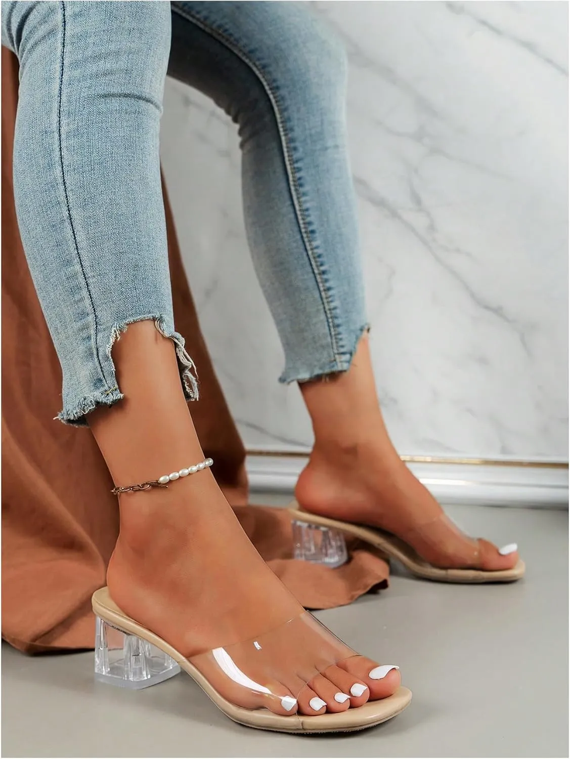 Verdusa Women's Clear Heeled Sandals Square Toe Slip On Chunky Sandal