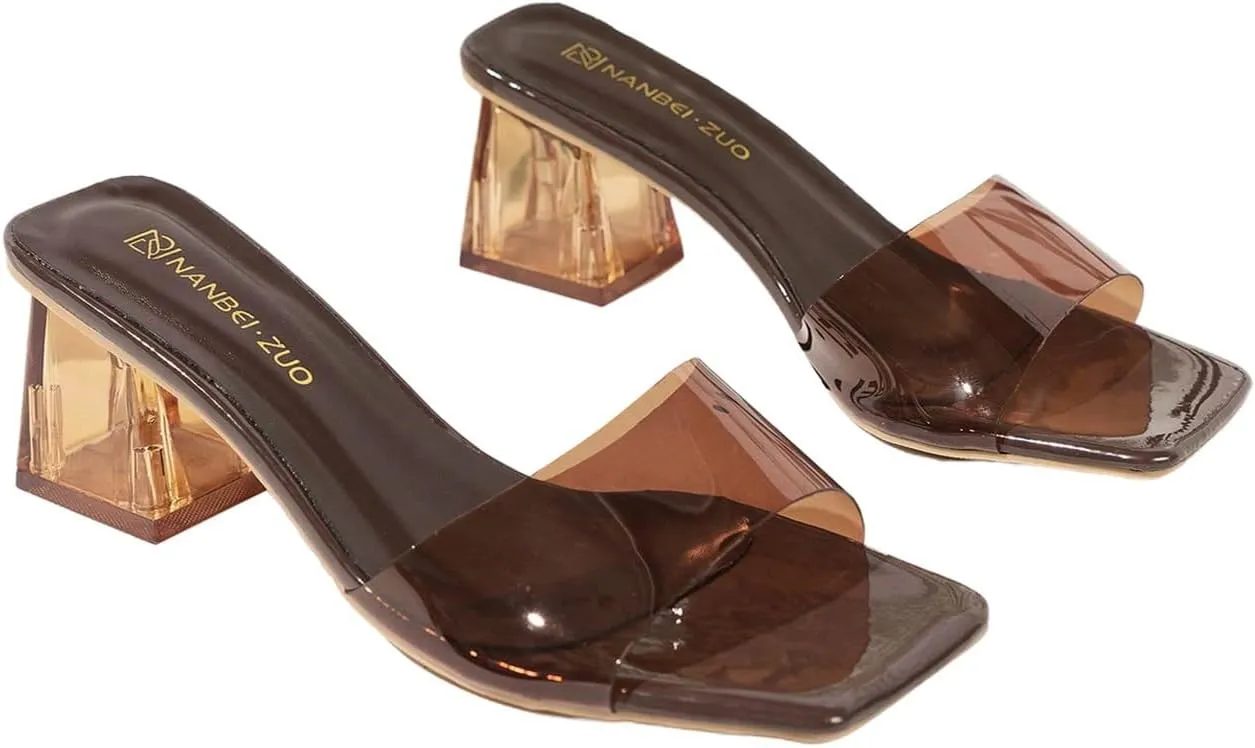 Verdusa Women's Clear Heeled Sandals Square Toe Slip On Chunky Sandal
