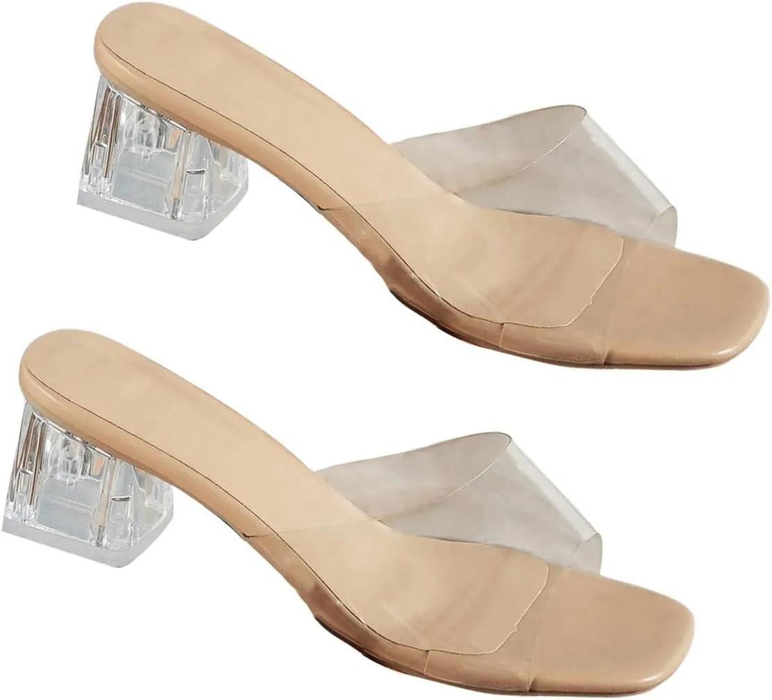 Verdusa Women's Clear Heeled Sandals Square Toe Slip On Chunky Sandal