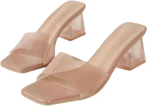 Verdusa Women's Clear Heeled Sandals Square Toe Slip On Chunky Sandal