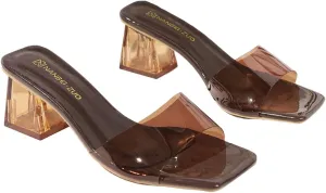 Verdusa Women's Clear Heeled Sandals Square Toe Slip On Chunky Sandal