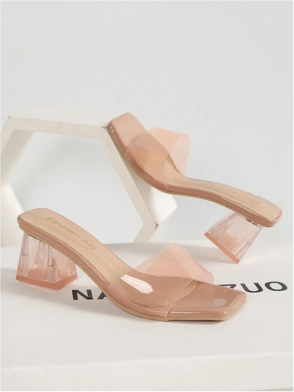 Verdusa Women's Clear Heeled Sandals Square Toe Slip On Chunky Sandal