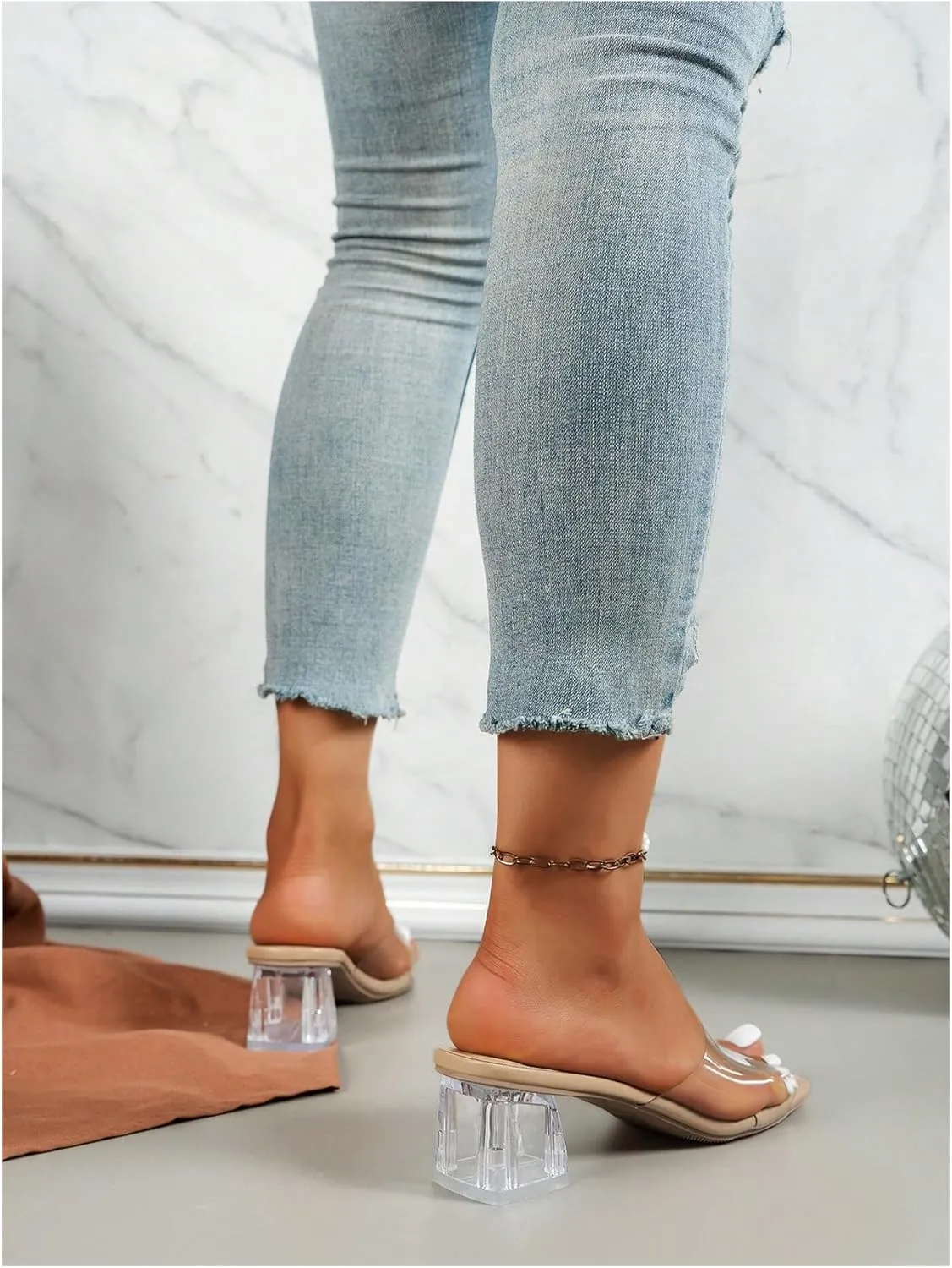 Verdusa Women's Clear Heeled Sandals Square Toe Slip On Chunky Sandal