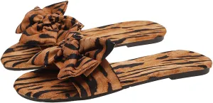 Verdusa Women's Leopard Print Sandals Bow Front Open Toe Slip on Flat Sandals