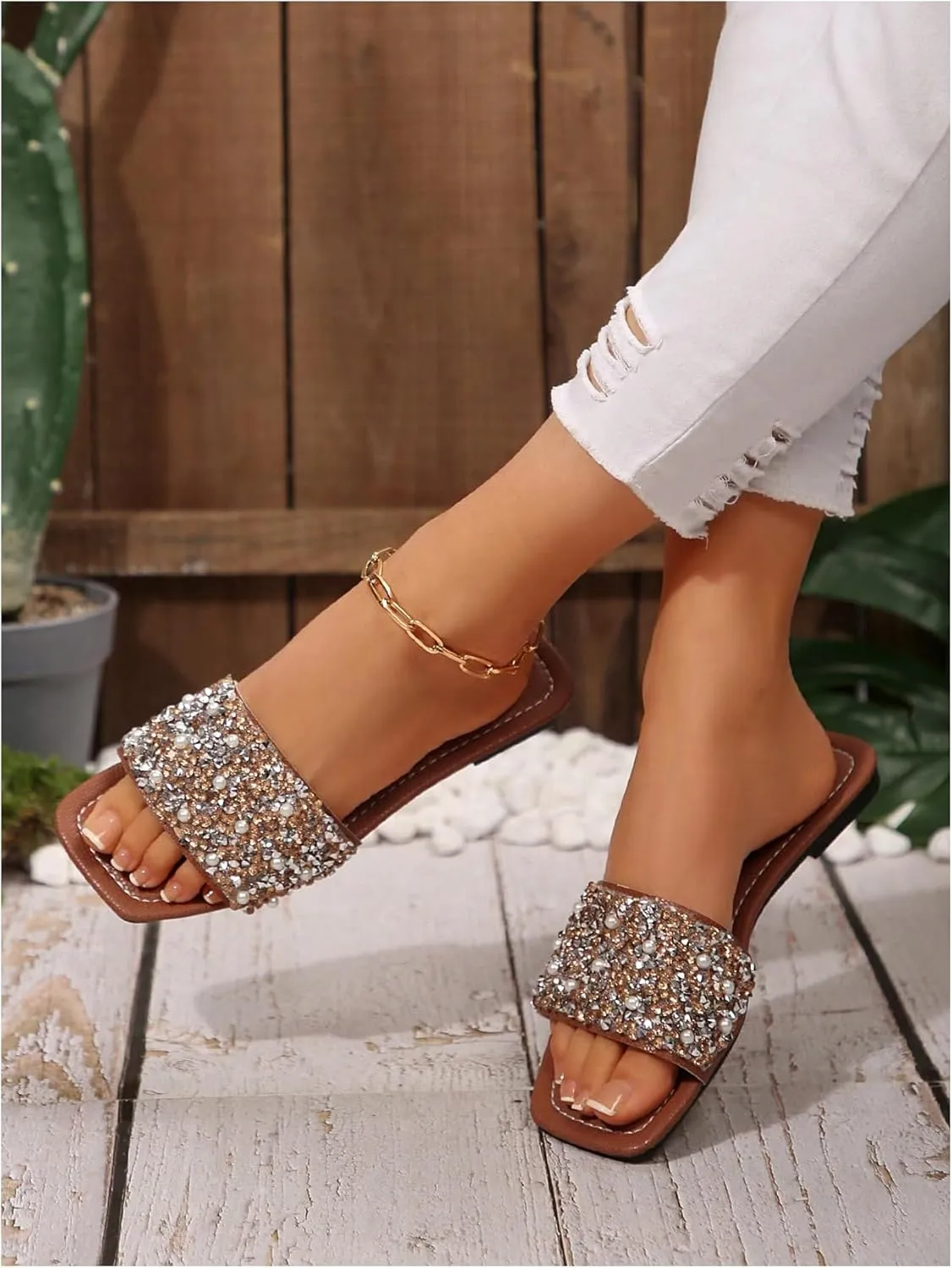 Verdusa Women's Rhinestone Dressy Sandals Square Toe Slip on PU Leather Slippers