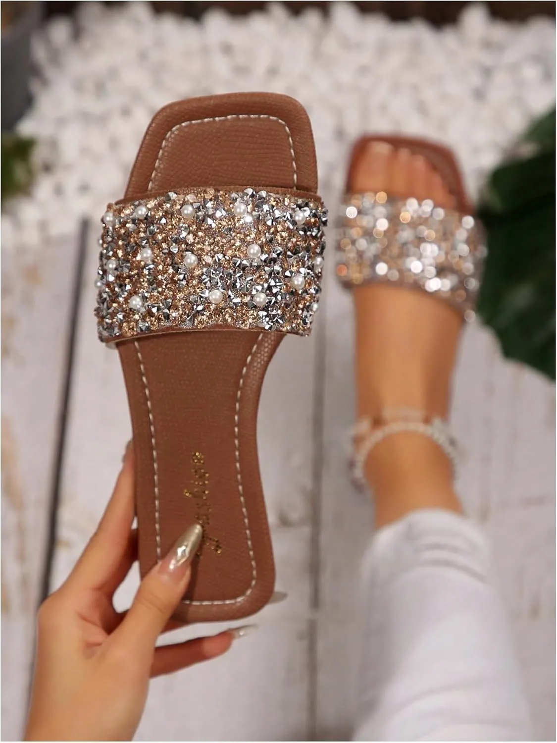 Verdusa Women's Rhinestone Dressy Sandals Square Toe Slip on PU Leather Slippers