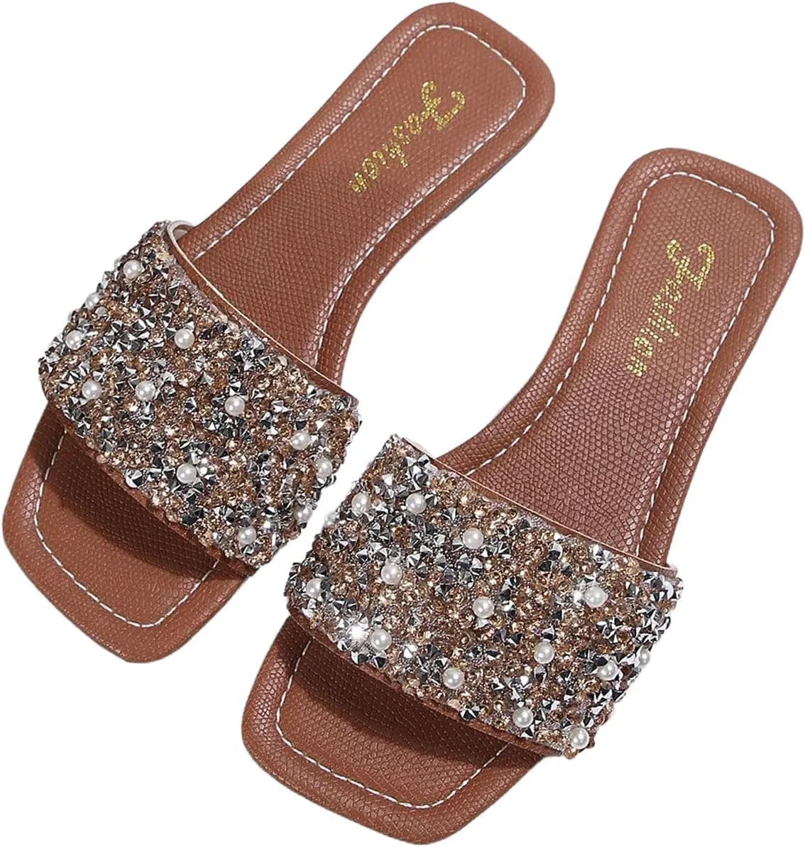 Verdusa Women's Rhinestone Dressy Sandals Square Toe Slip on PU Leather Slippers