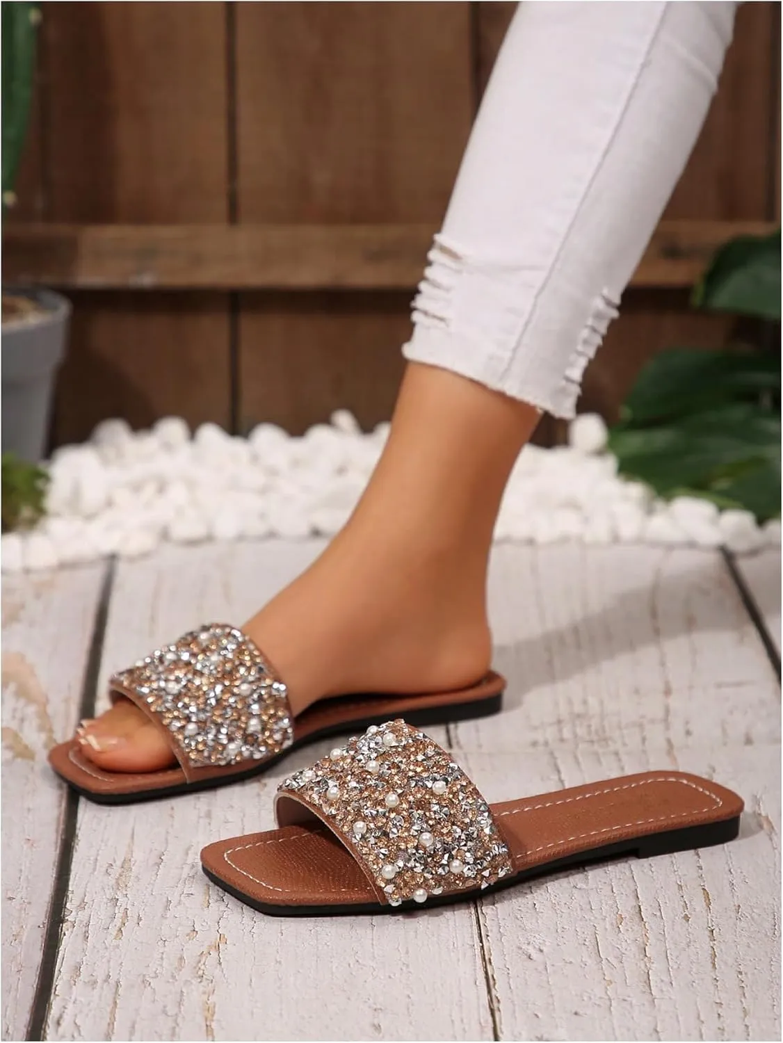 Verdusa Women's Rhinestone Dressy Sandals Square Toe Slip on PU Leather Slippers