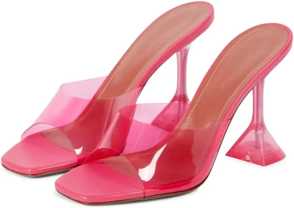 Vertundy Women's Clear Heeled Sandals Transparent Square Toe Mules Martini Stilettos Heels High Slip on Slipper