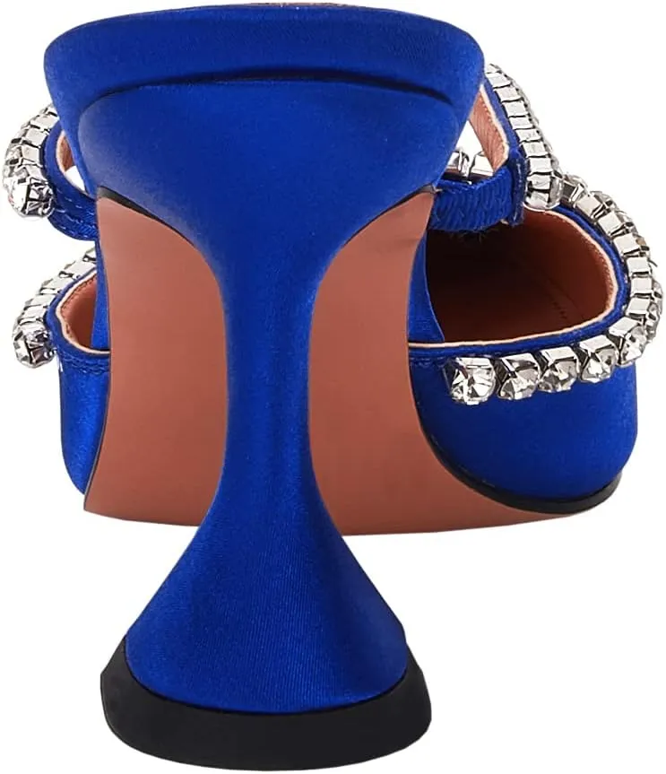 VETASTE Women's Pointed Toe Strappy Heels Crystal Satin Heeled Mules Wedding Party Shoes